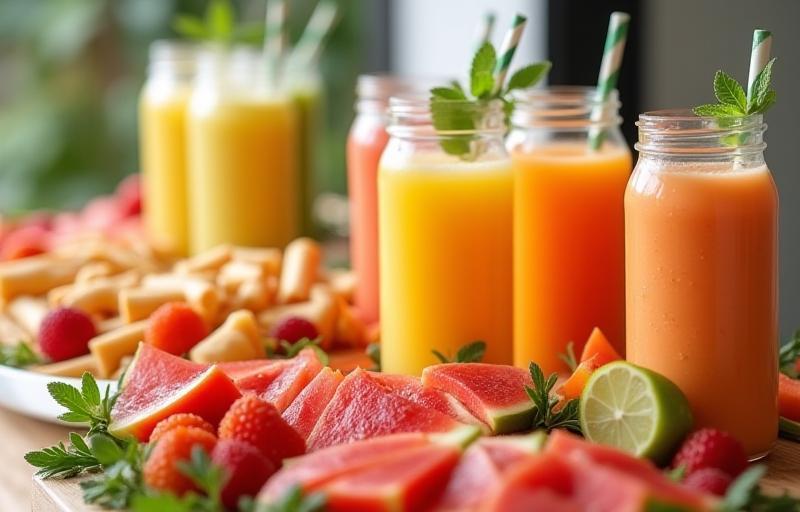 Spread of juices and snacks for catering event