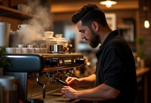 Barista making coffee at Smoothie Infinity cafe counter
