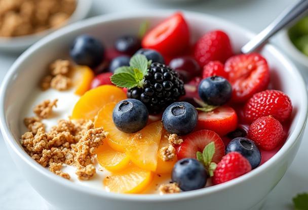Fresh yogurt bowl with fruits and granola toppings