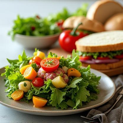 Selection of healthy snacks including salad and sandwich